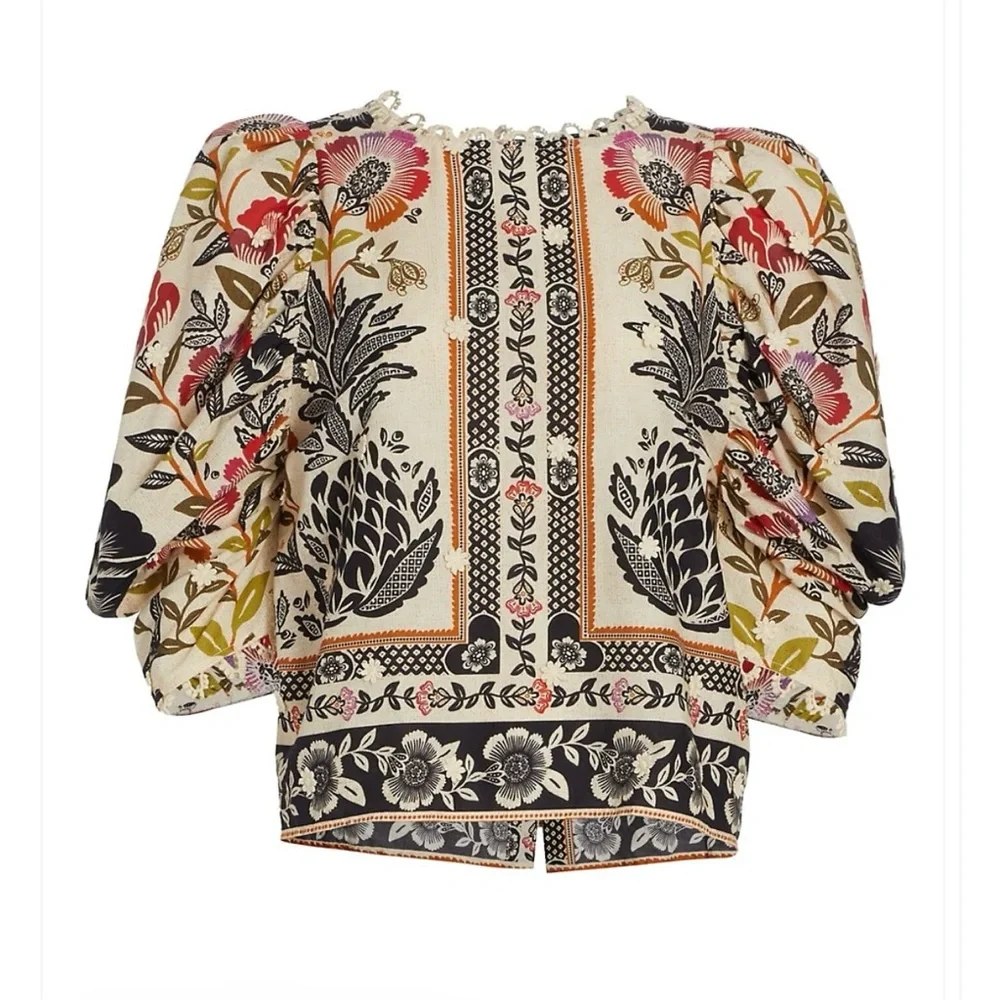 FARM Rio Romantic Garden Blouse 100% Cotton Tan w/Tropical Floral Print Sz Small - Picture 3 of 14